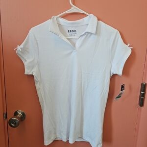 NWT Izod Girls Size XL (16) White School Uniform Polo Shirt Bows On Sleeves